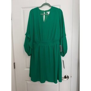 London Times Woman Green Smocked Waist Ruffle Sleeve Dress 1X T7349W NEW